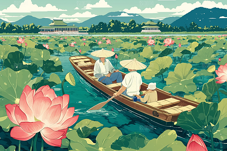 夏日赏荷乘船荷花插画