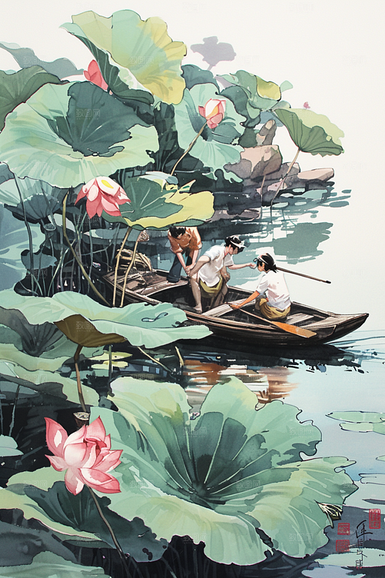 夏日赏荷荷花手绘插画