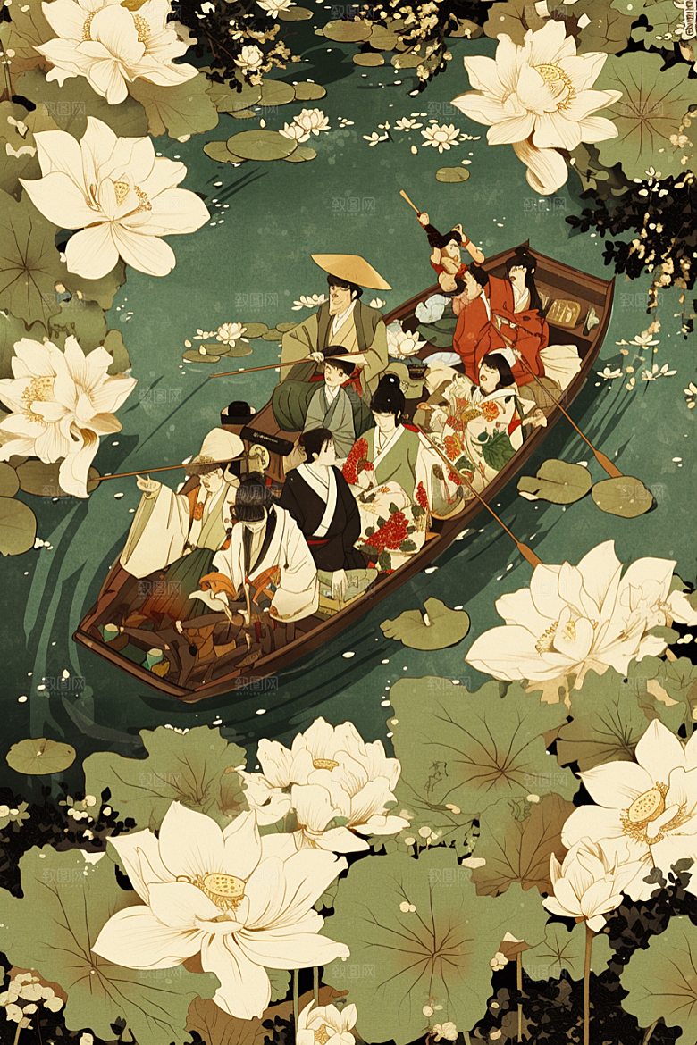 夏日赏荷池塘夏天插画