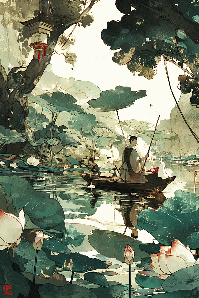 夏日赏荷荷塘景色插画