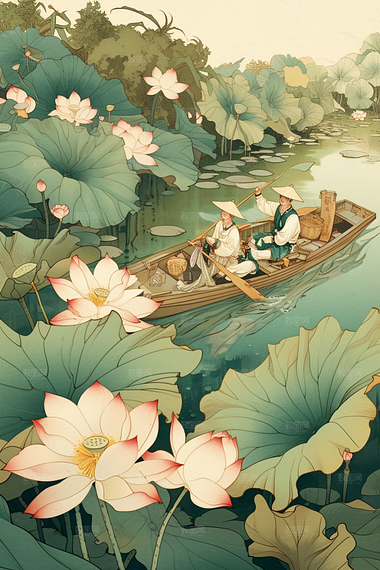 夏日赏荷游船景色插画