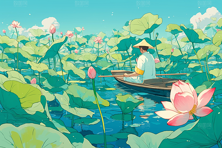 夏日赏荷游船莲华插画