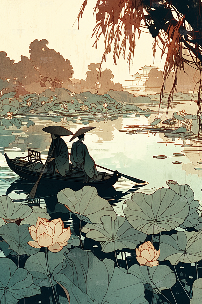 夏日赏荷池塘夏天插画