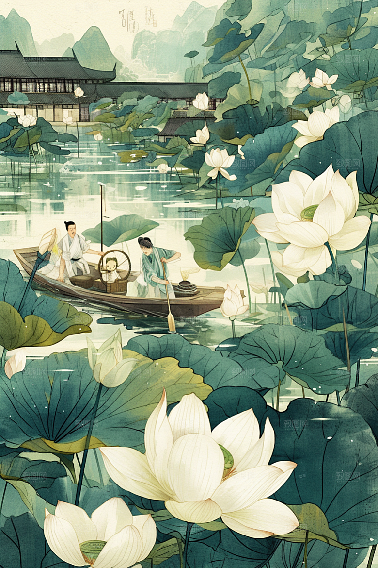 夏日赏荷美景景色插画