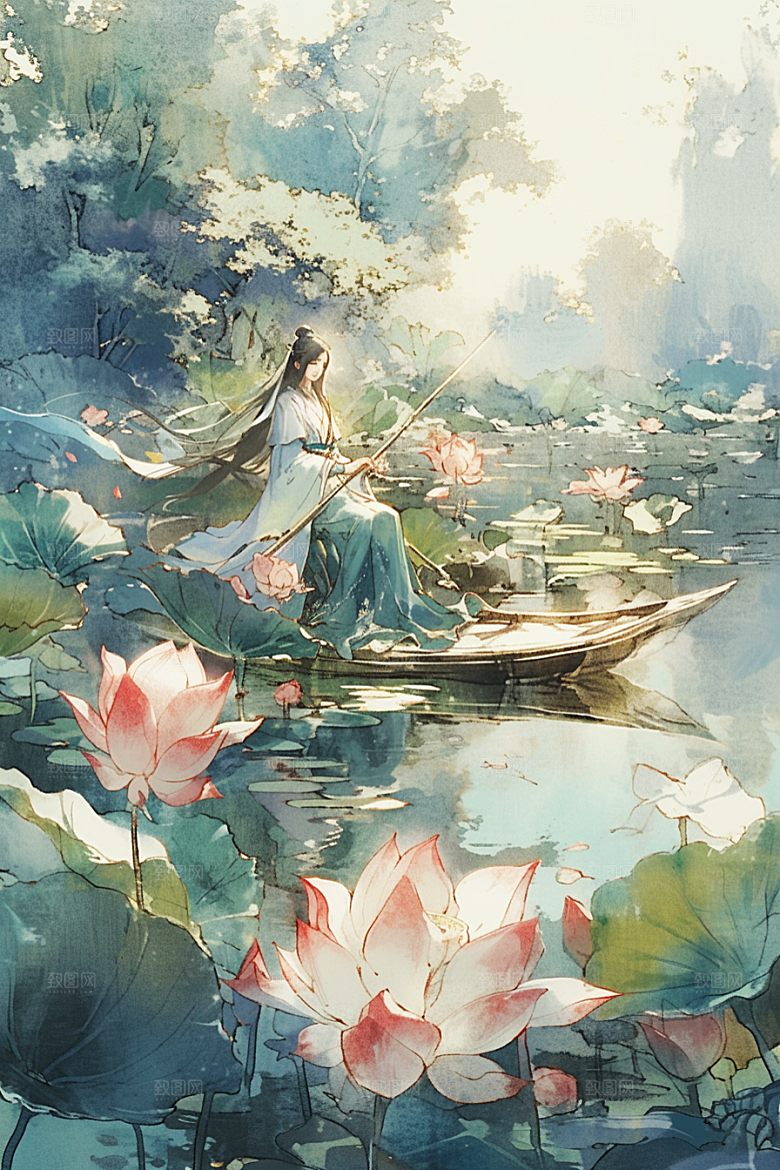 夏日赏荷中国风池塘插画