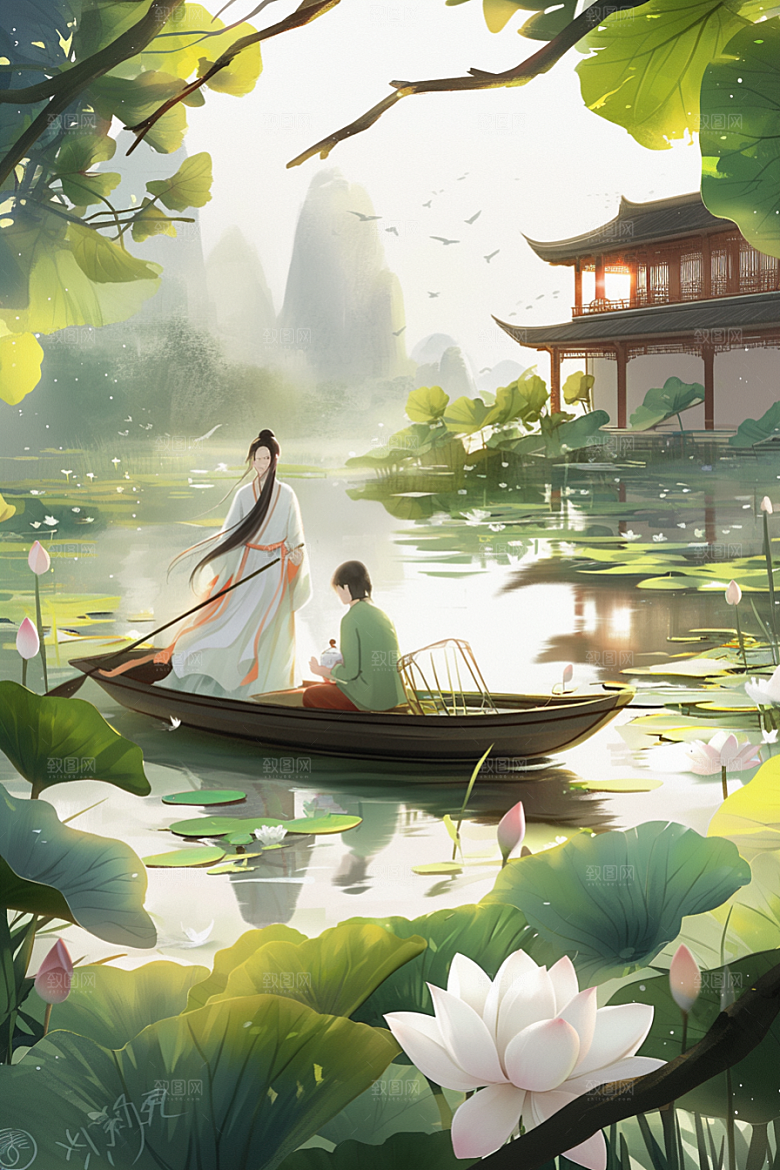 夏日赏荷美景池塘插画