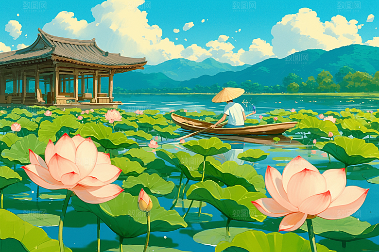 夏日赏荷莲华自然插画