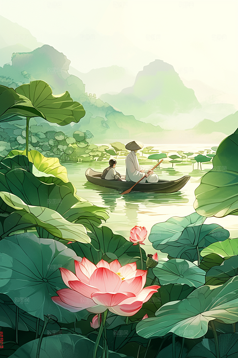 夏日赏荷赏花景色插画