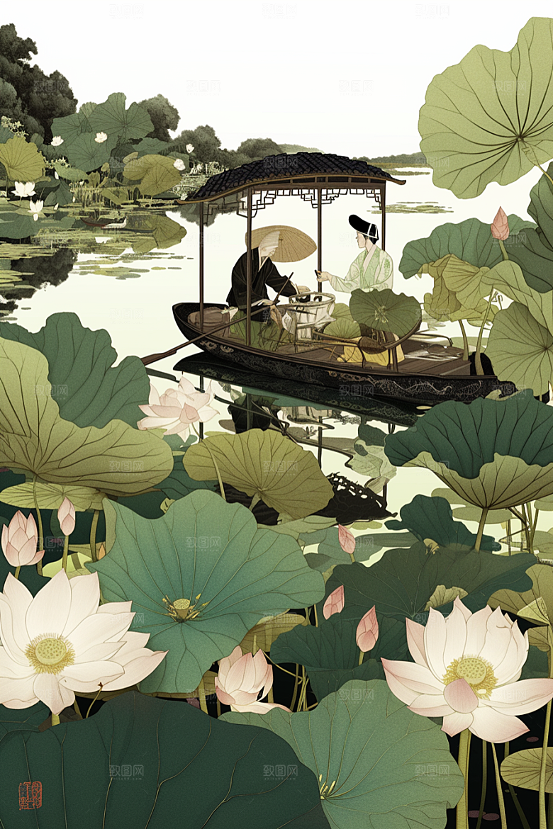夏日赏荷莲华中国风插画