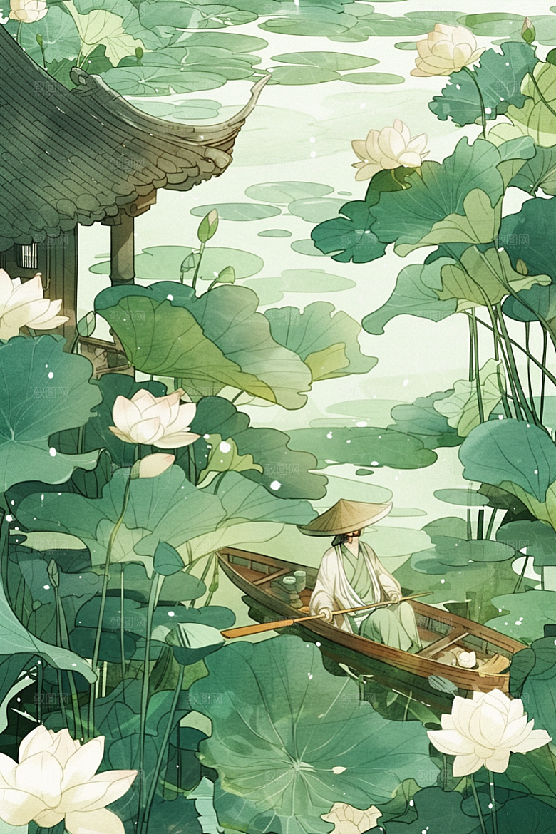 夏日赏荷荷塘景色插画