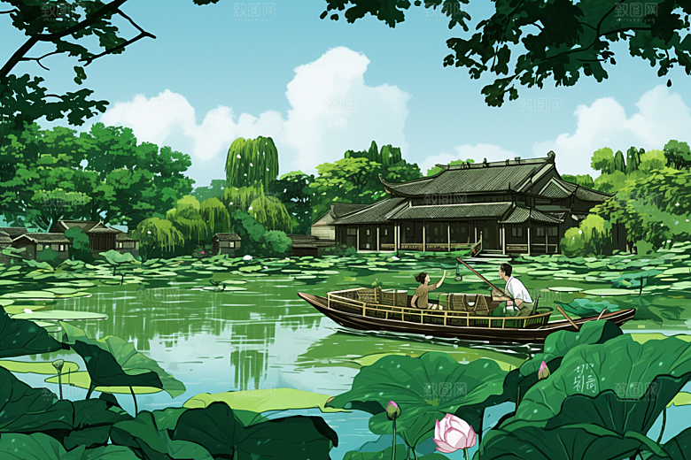 夏日赏荷夏天荷塘插画