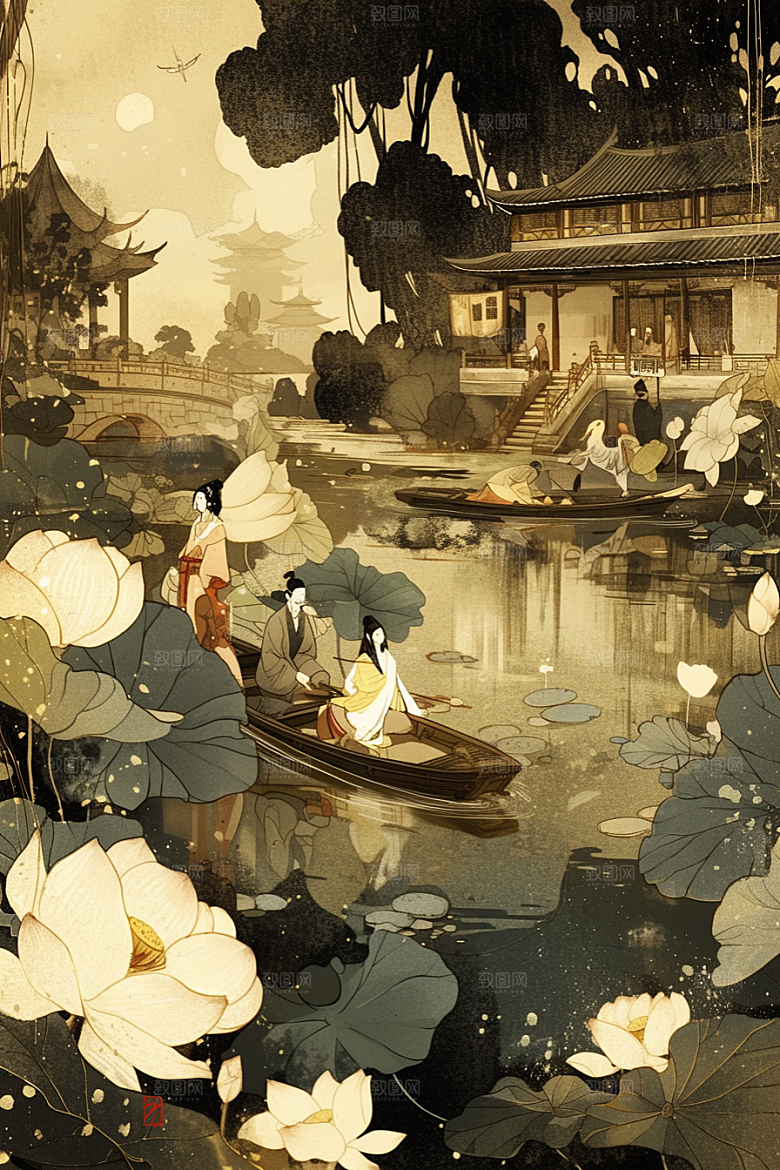 夏日赏荷乘船池塘插画