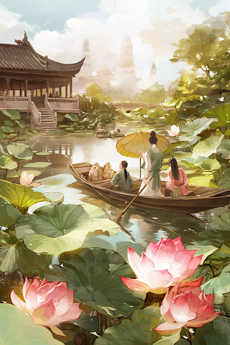 夏日赏荷高清池塘插画