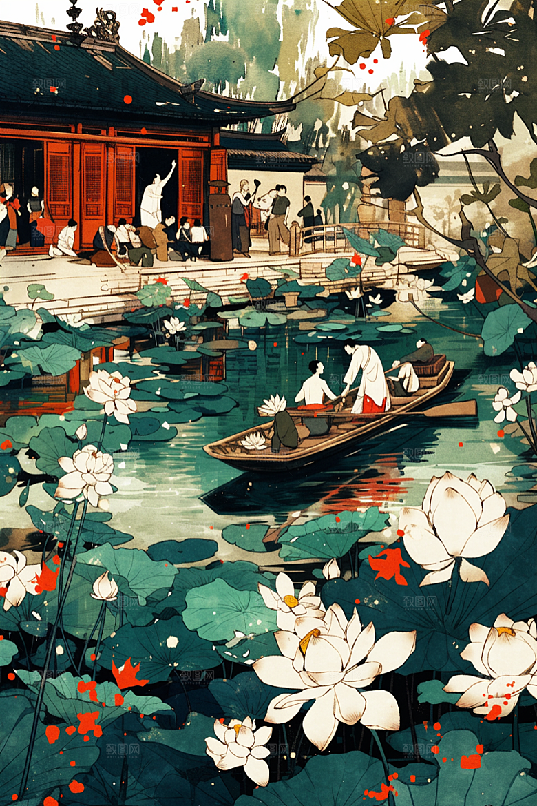 夏日赏荷中国风夏天插画