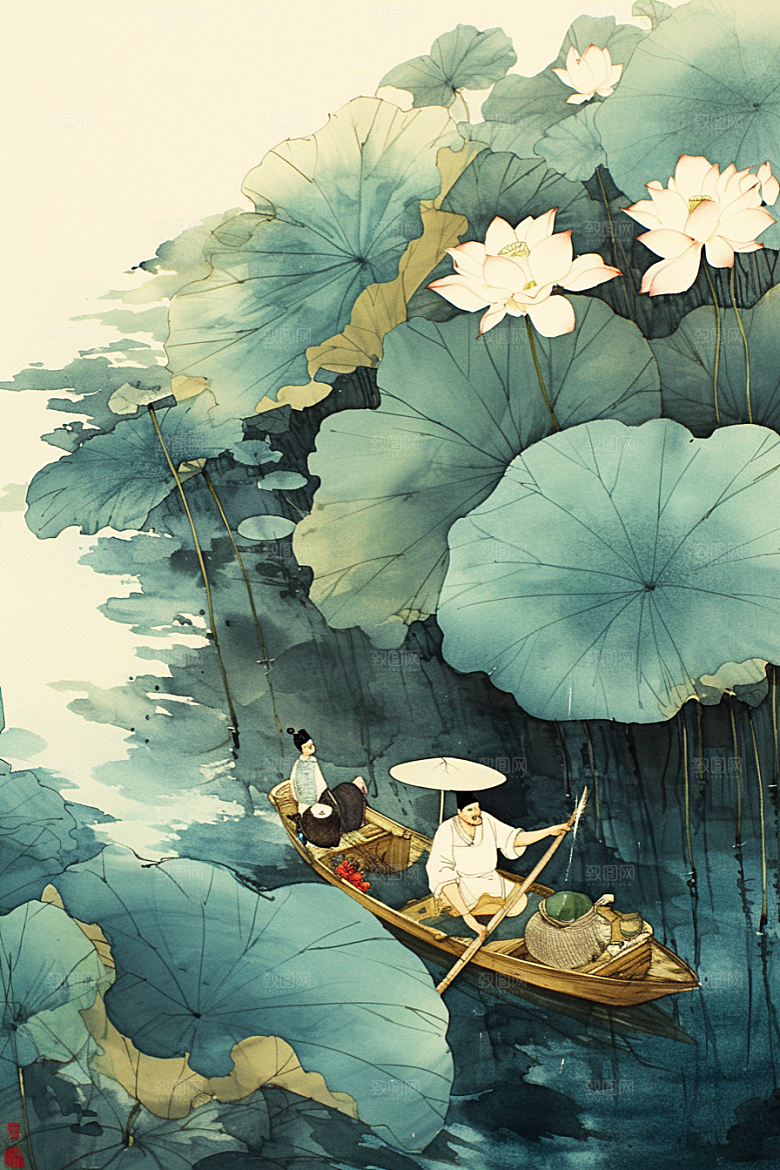 夏日赏荷高清乘船插画