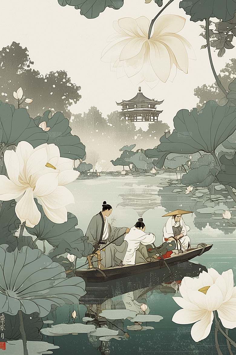 夏日赏荷手绘中国风插画