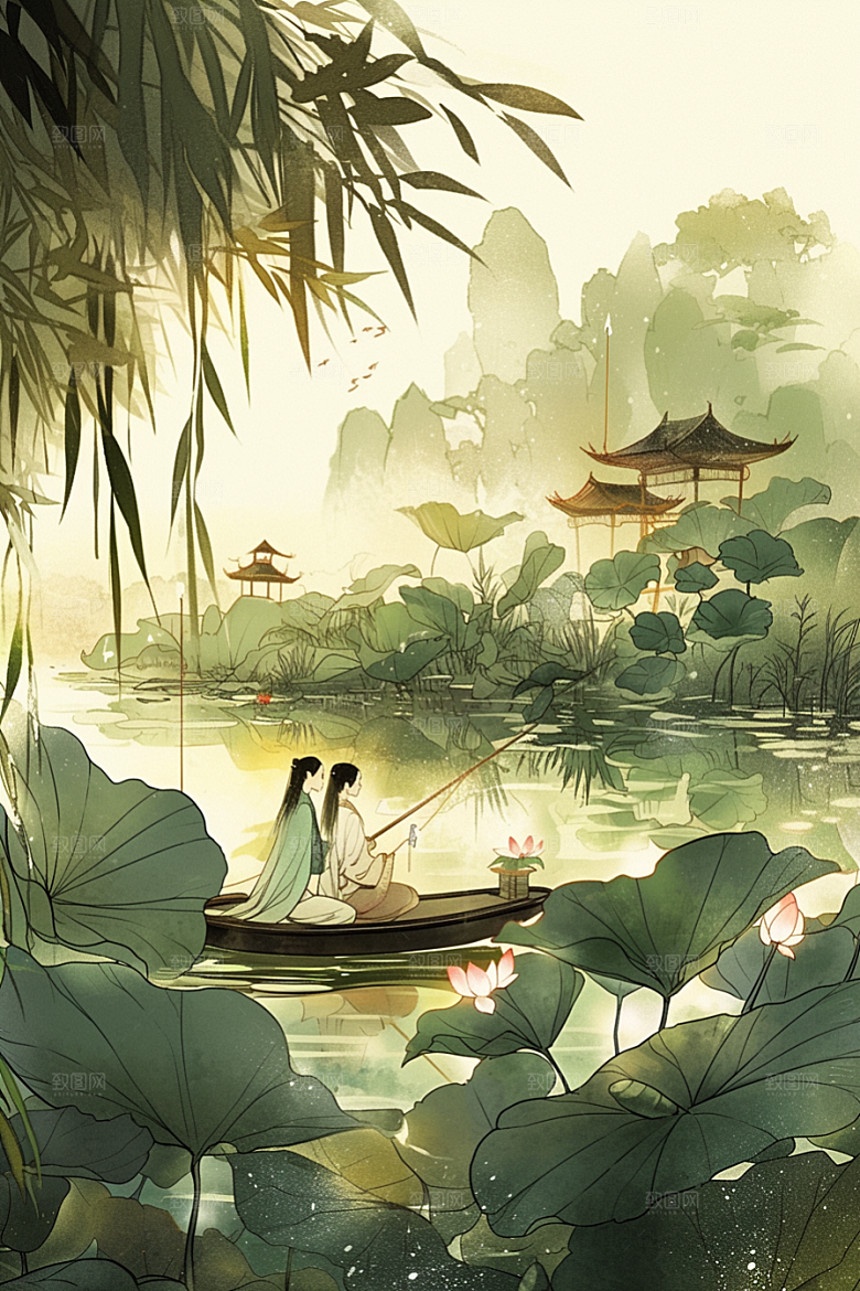 夏日赏荷赏花景色插画