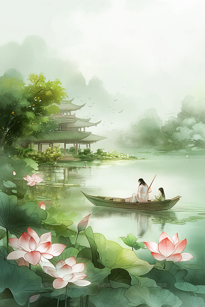 夏日赏荷夏天手绘插画