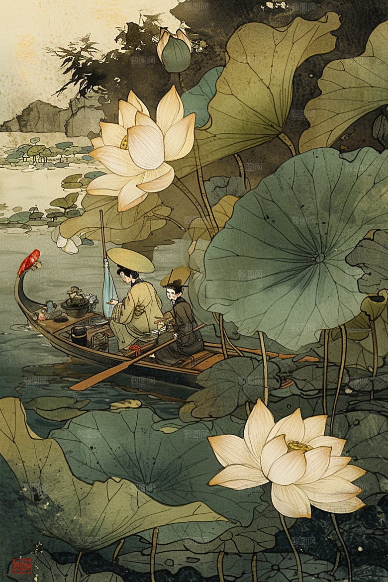 夏日赏荷池塘夏天插画