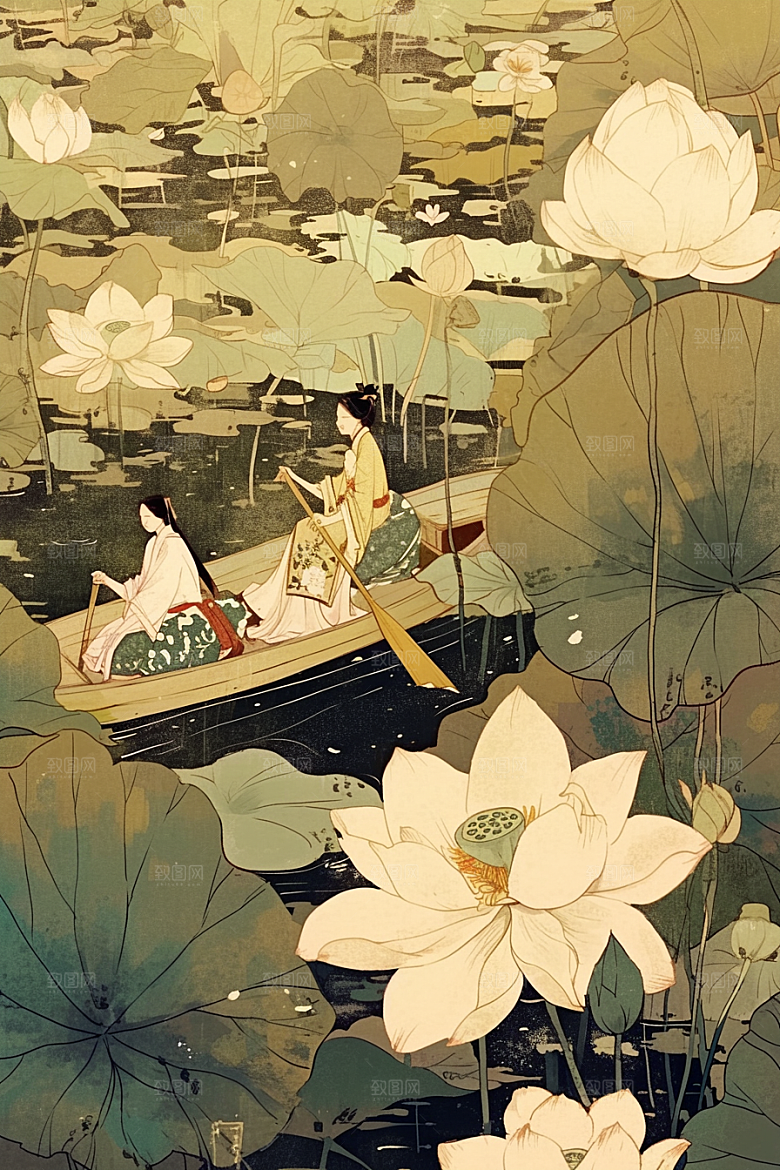 夏日赏荷荷花莲华插画