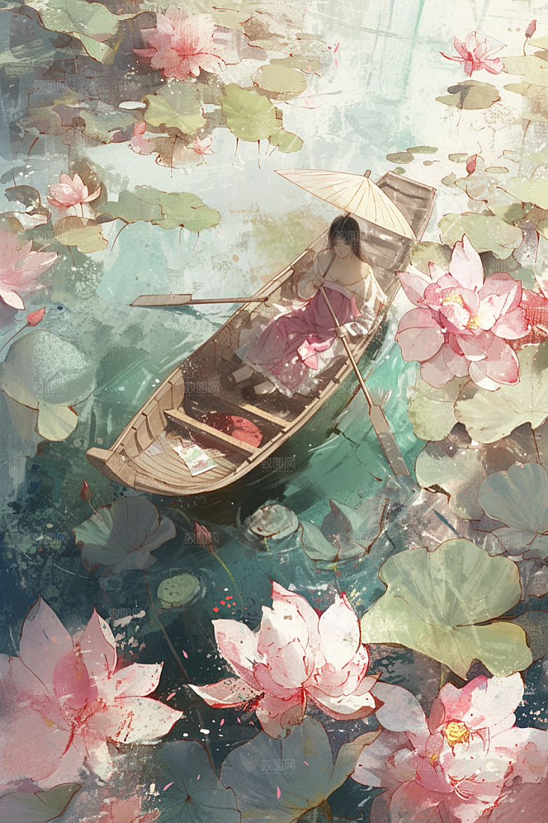 夏日赏荷乘船赏花插画