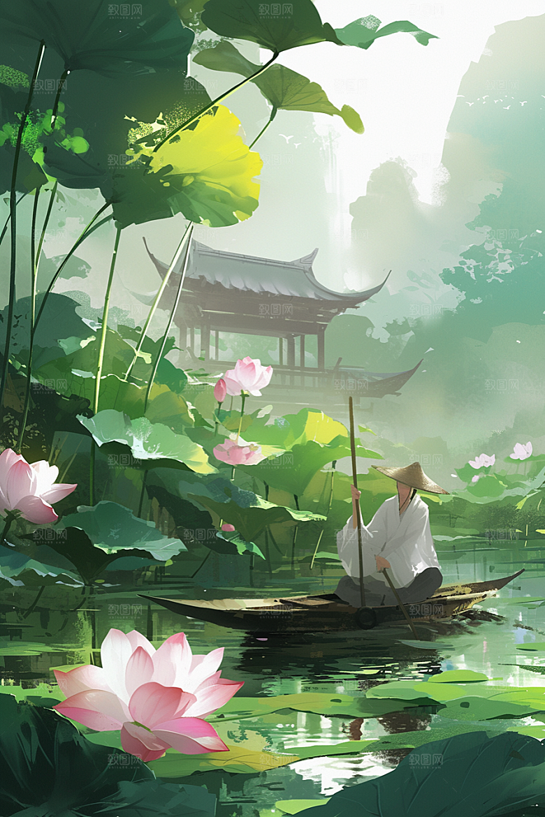 夏日赏荷景色手绘插画