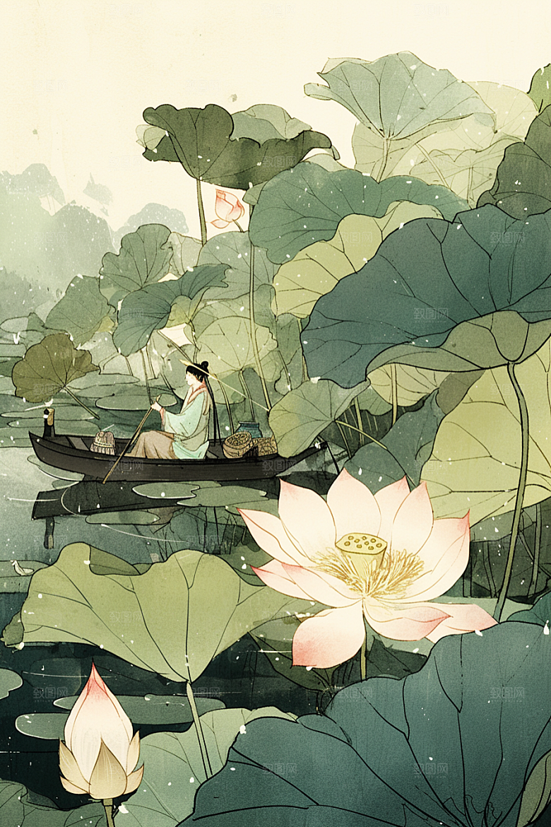 夏日赏荷夏天游船插画