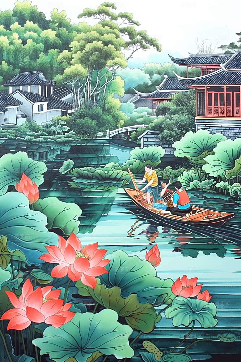 夏日赏荷夏季手绘插画
