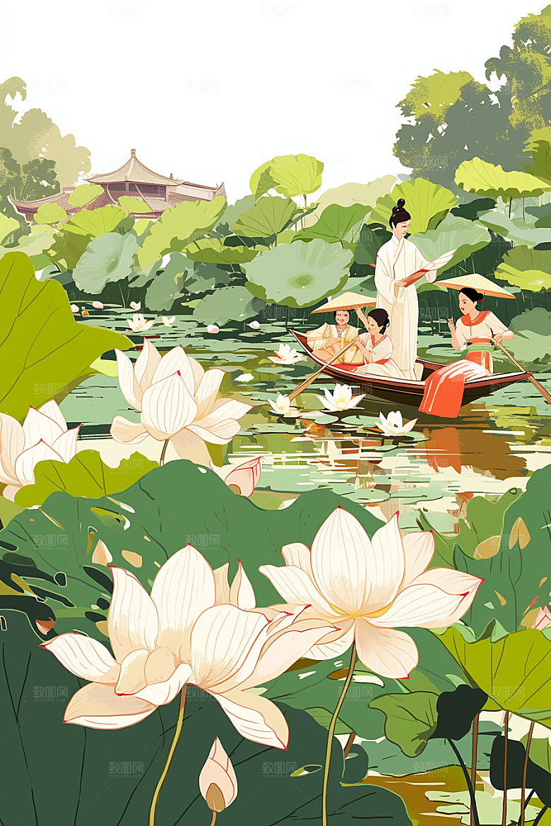 夏日赏荷莲华夏季插画