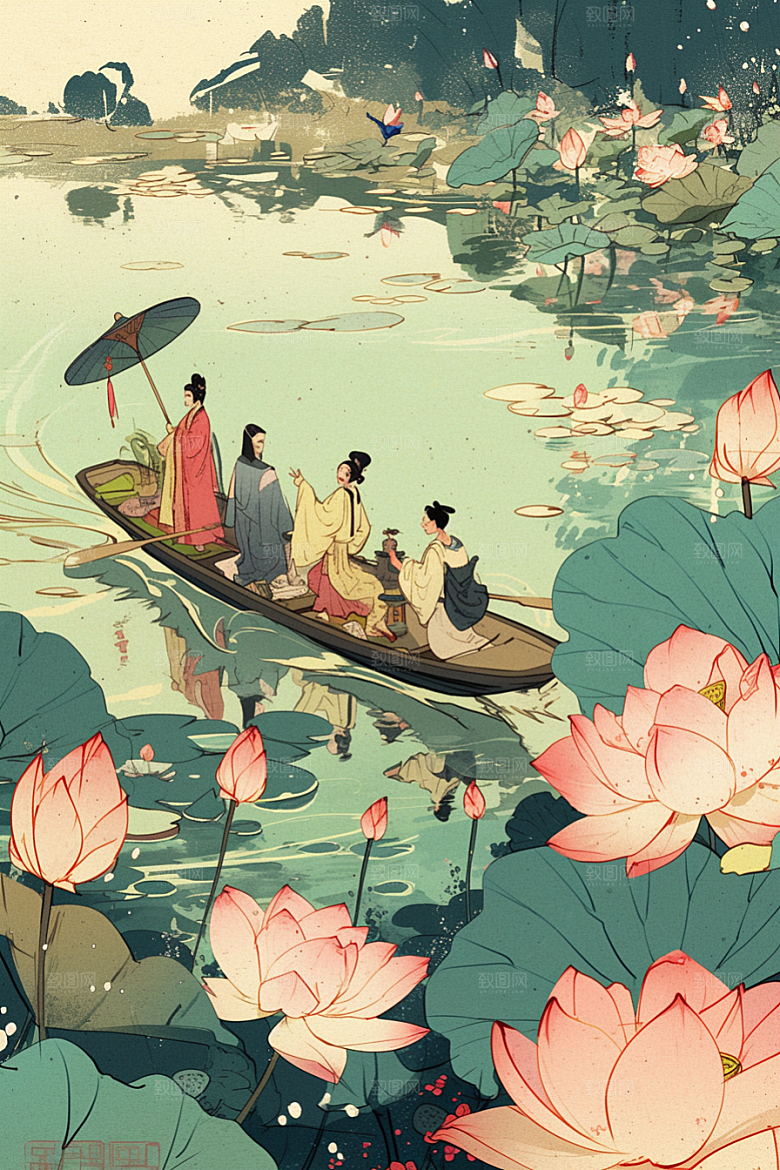 夏日赏荷乘船美景插画
