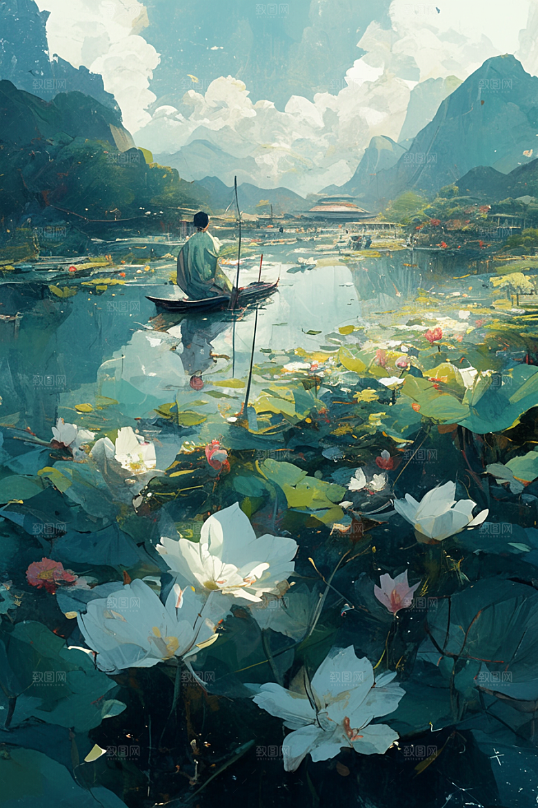 夏日赏荷乘船高清插画