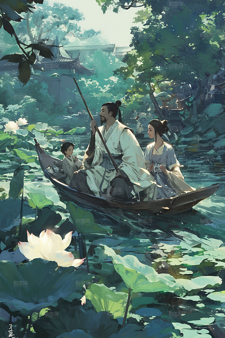 夏日赏荷荷花乘船插画