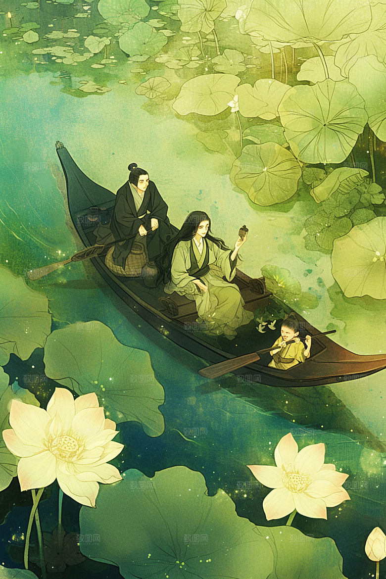 夏日赏荷池塘夏天插画