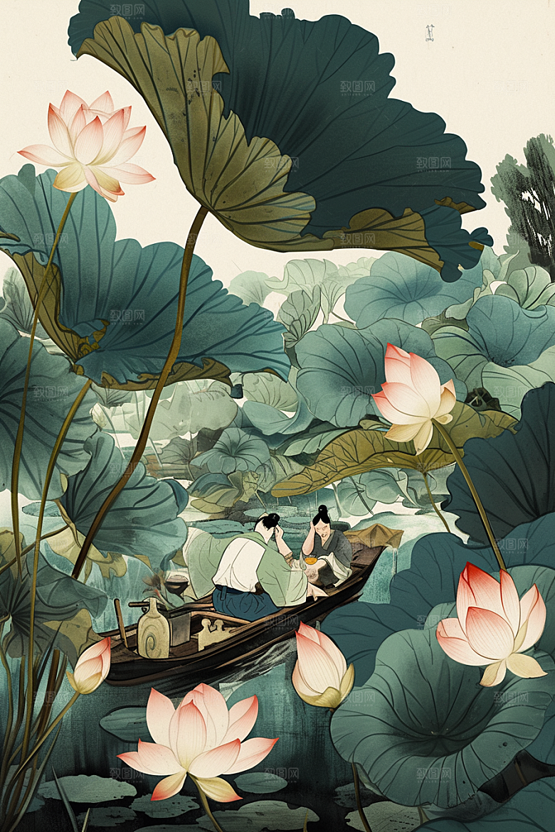夏日赏荷中国风美景插画