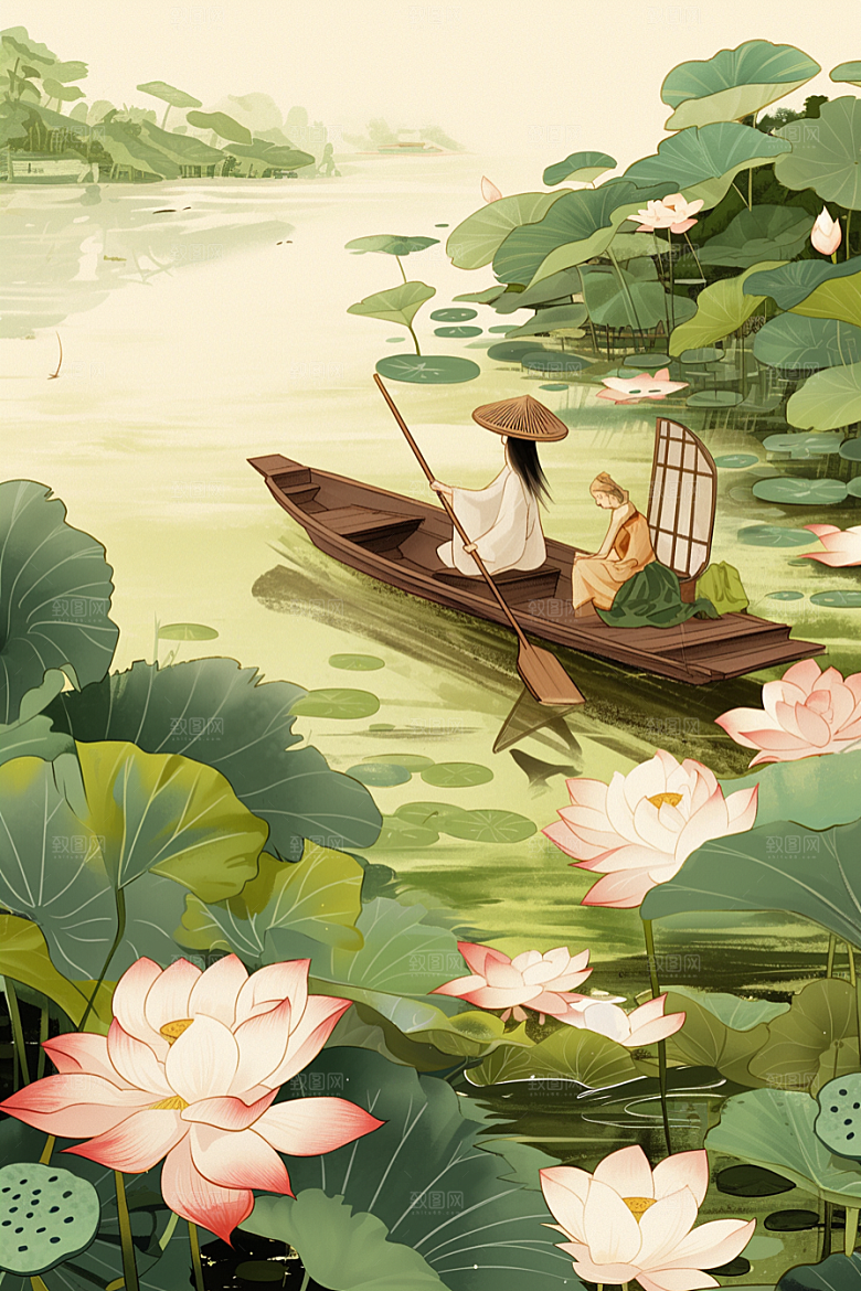 夏日赏荷夏天夏季插画