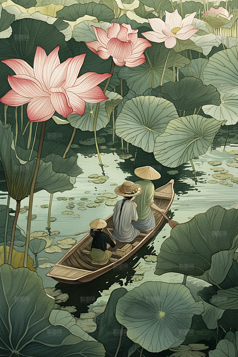 夏日赏荷夏天高清插画