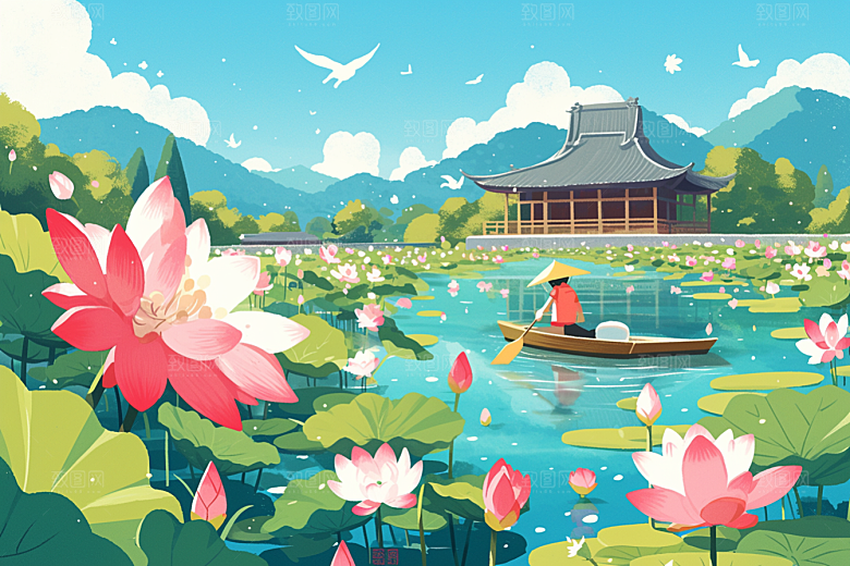 夏日赏荷游船赏花插画