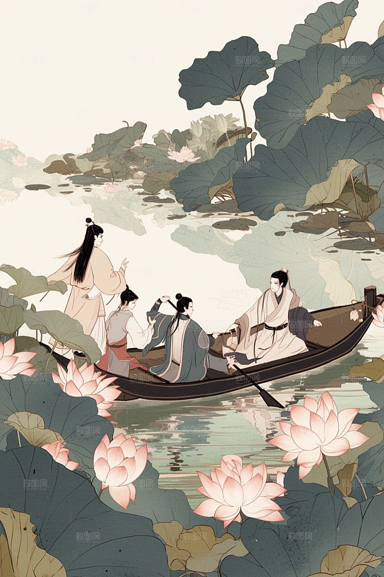 夏日赏荷夏季乘船插画