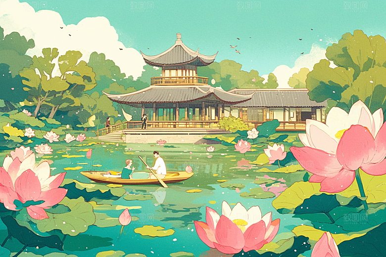 夏日赏荷中国风赏花插画