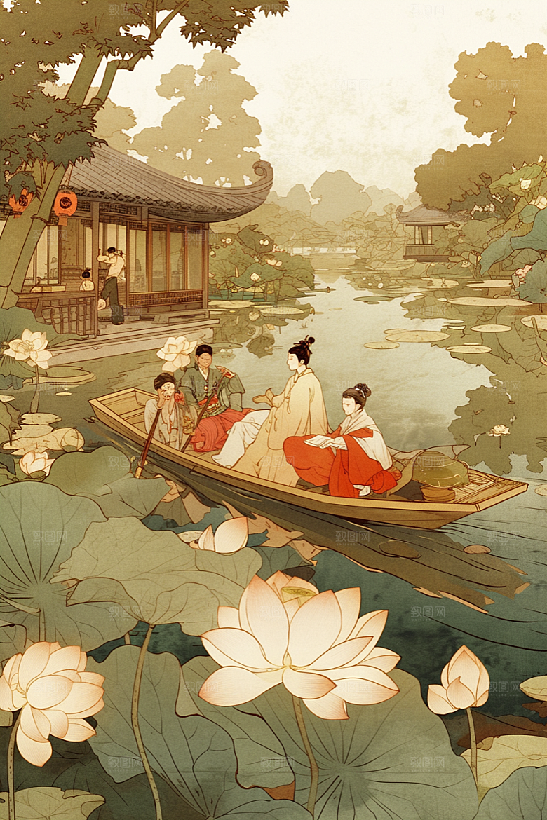夏日赏荷赏花池塘插画