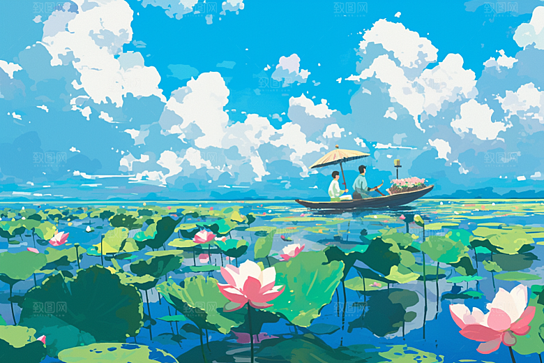 夏日赏荷游船景色插画