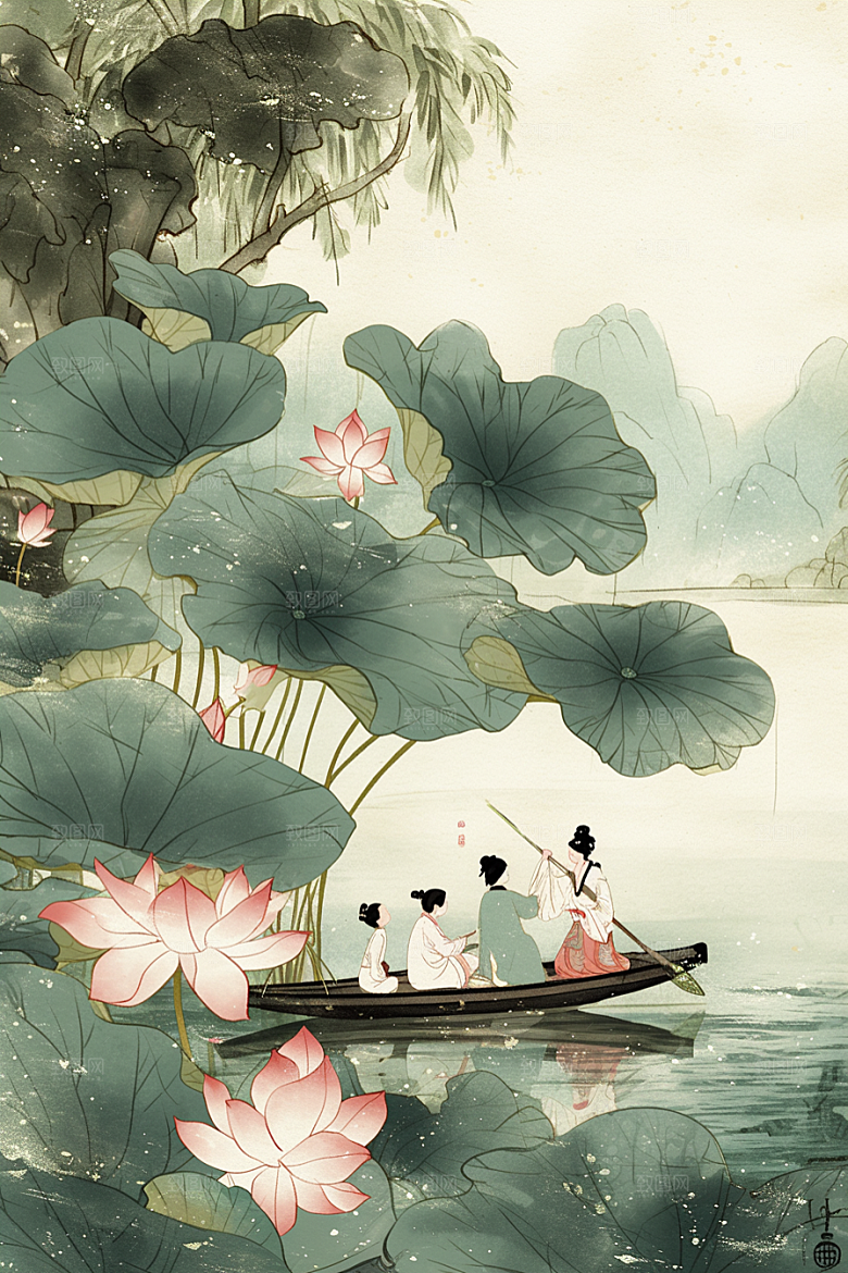 夏日赏荷乘船中国风插画
