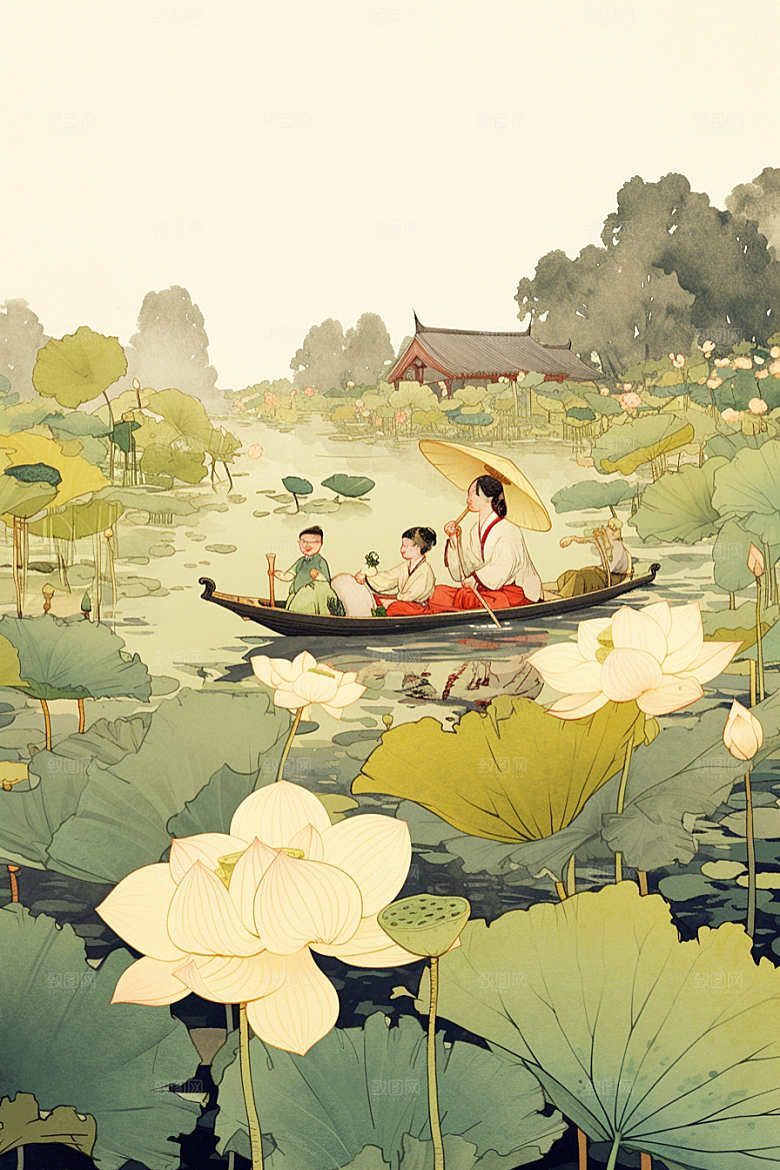 夏日赏荷乘船高清插画