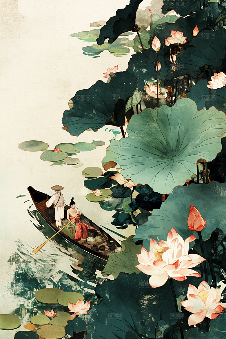 夏日赏荷自然乘船插画