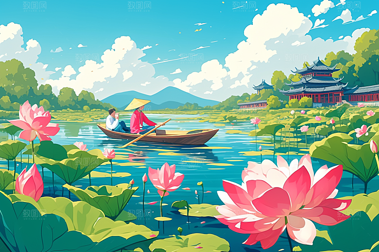 夏日赏荷莲华景色插画