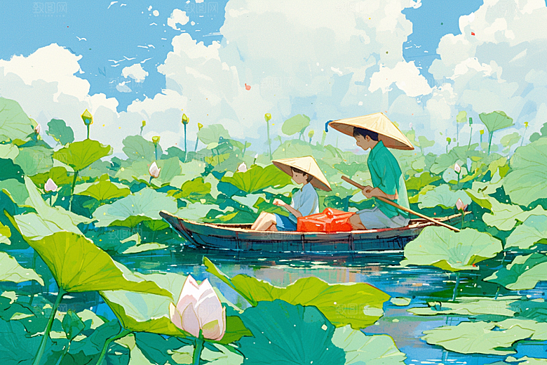 夏日赏荷乘船荷花插画