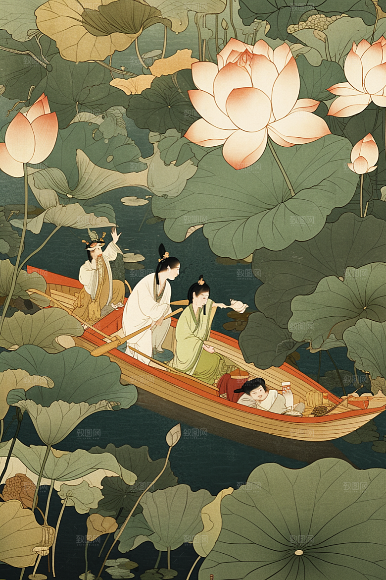 夏日赏荷赏花中国风插画