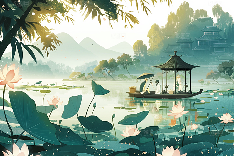 夏日赏荷美景手绘插画