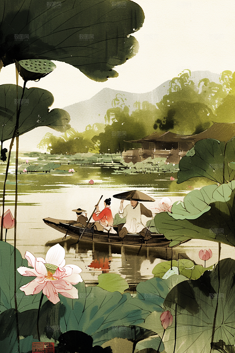 夏日赏荷中国风手绘插画