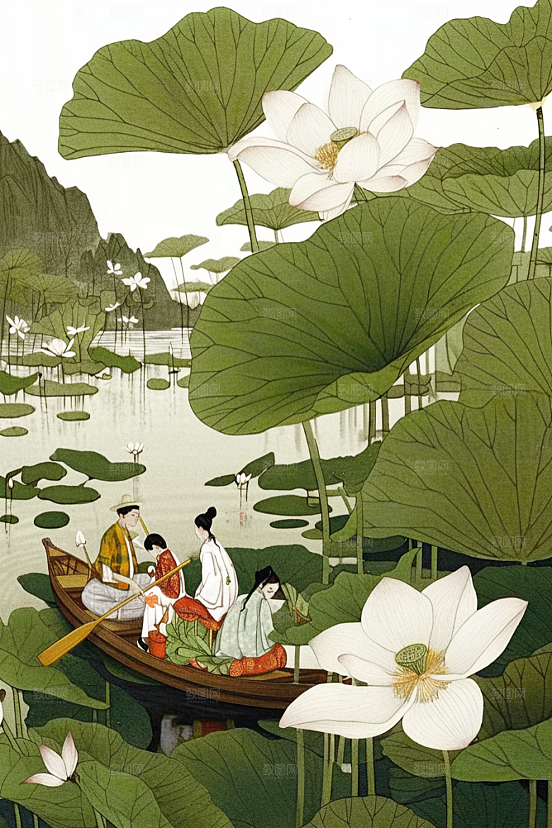 夏日赏荷夏天荷塘插画